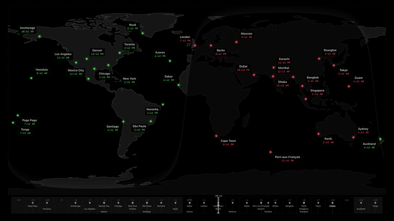 Clockscreen live world clock map showing day and night zones with green and red city markers