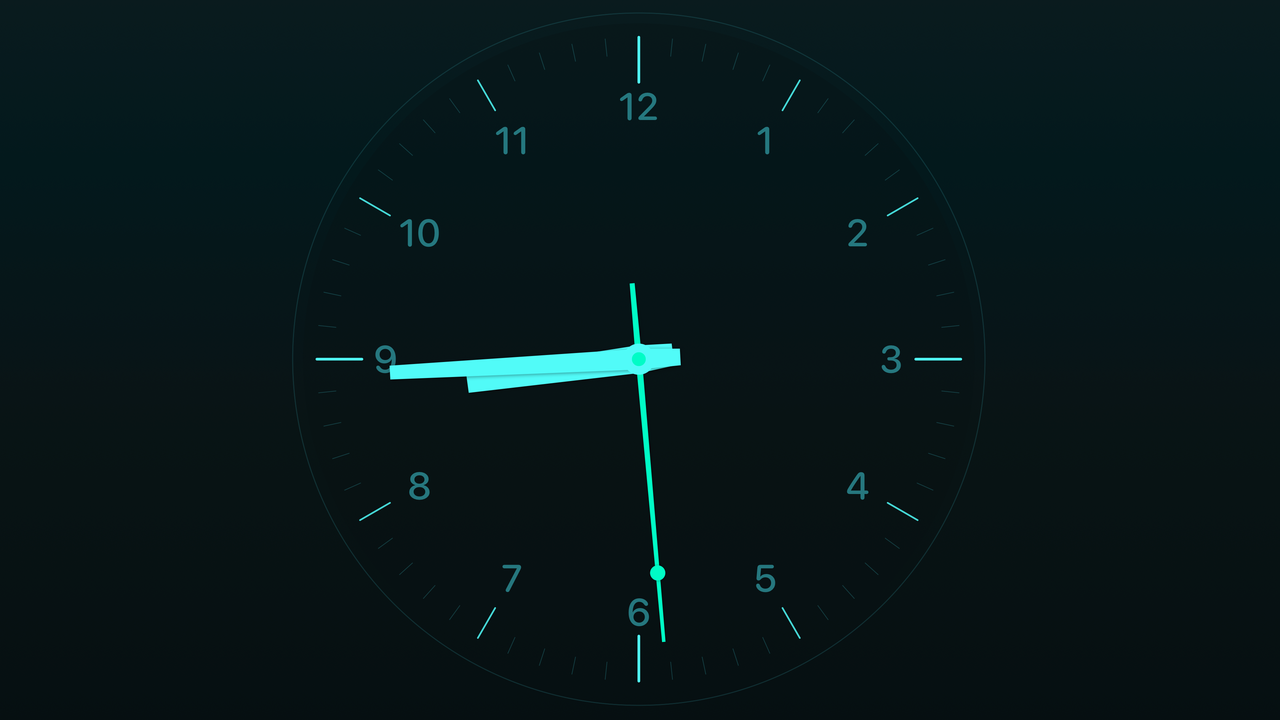 Clockscreen Analog clock face with cyan theme on Apple TV