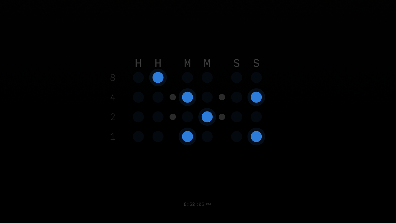 Clockscreen Binary clock face in blue on pure black OLED background