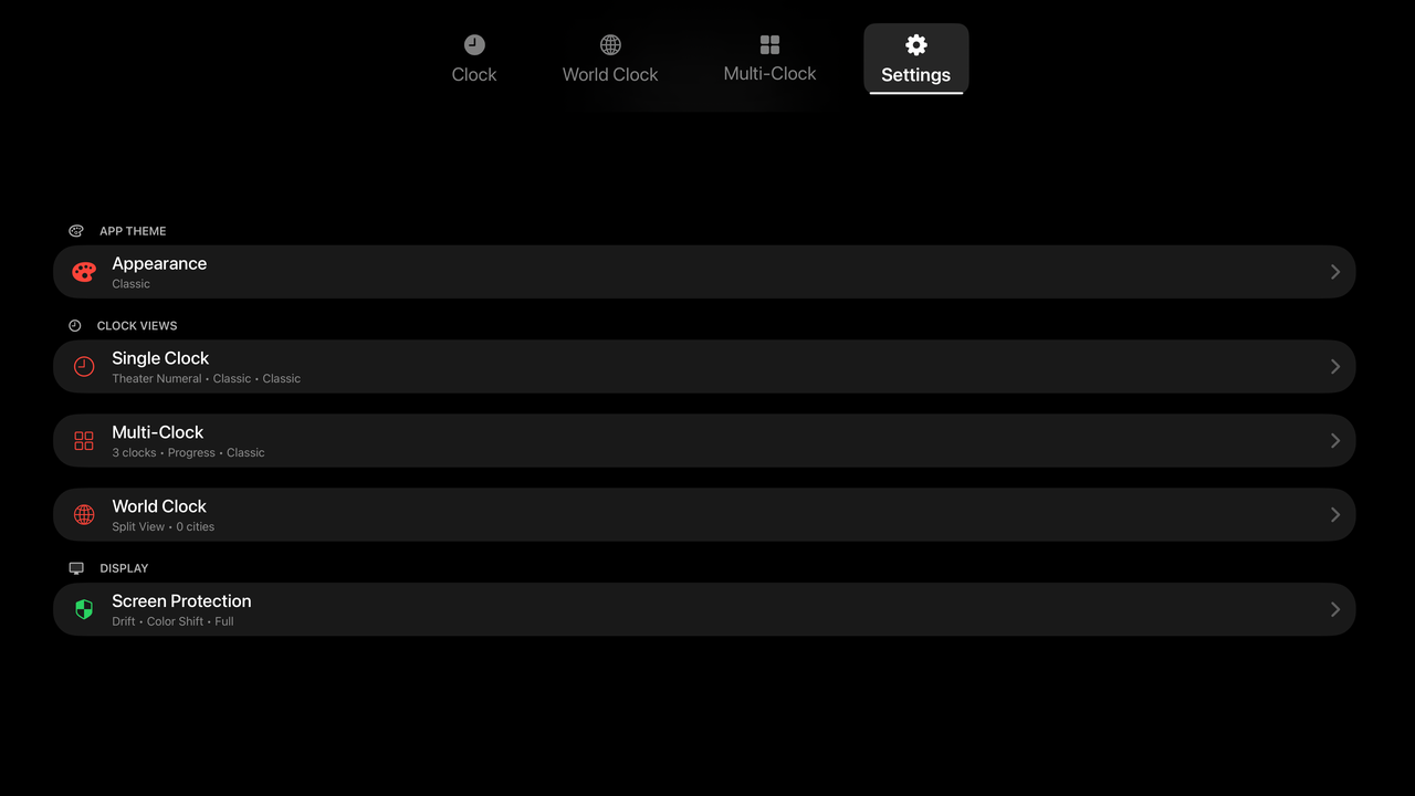 Clockscreen settings overview with navigation tabs and configuration options