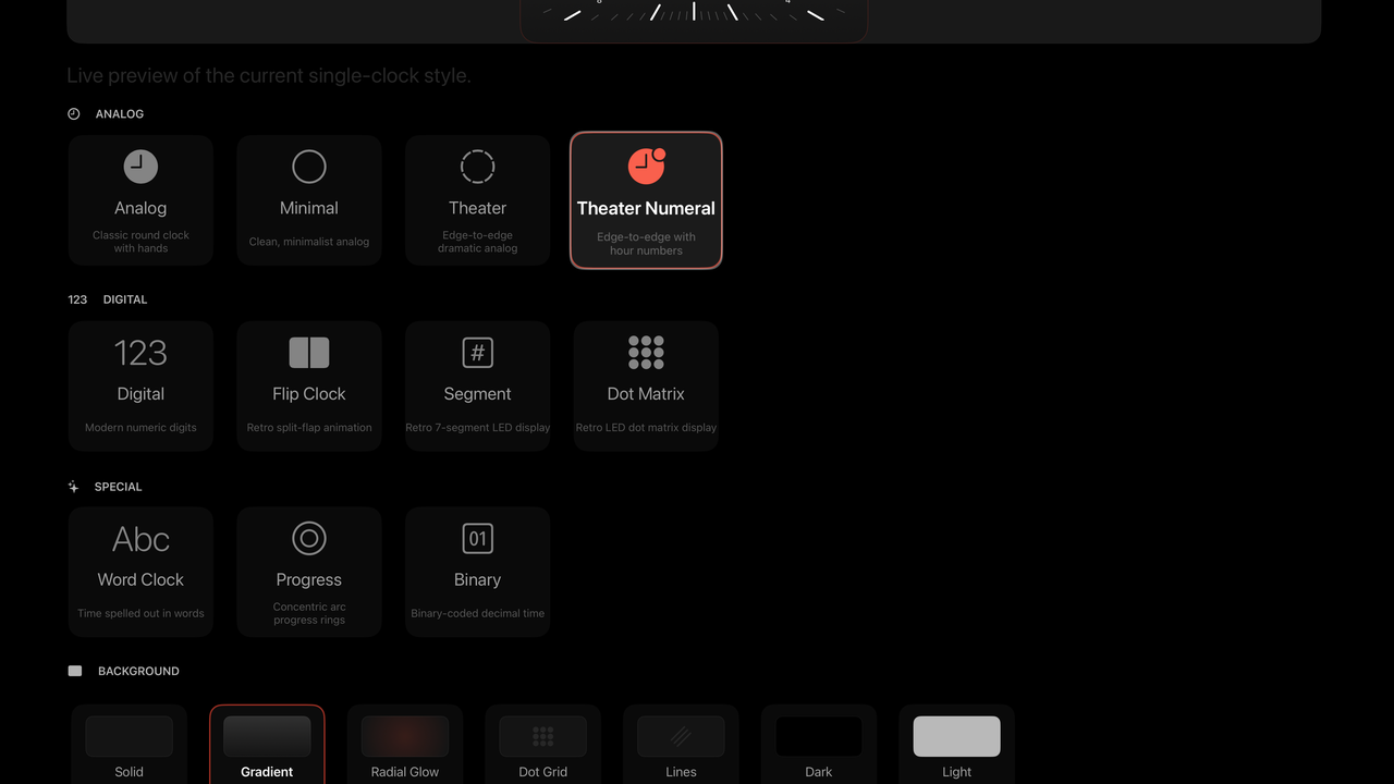 Clockscreen clock face selector showing all 11 face styles and background options
