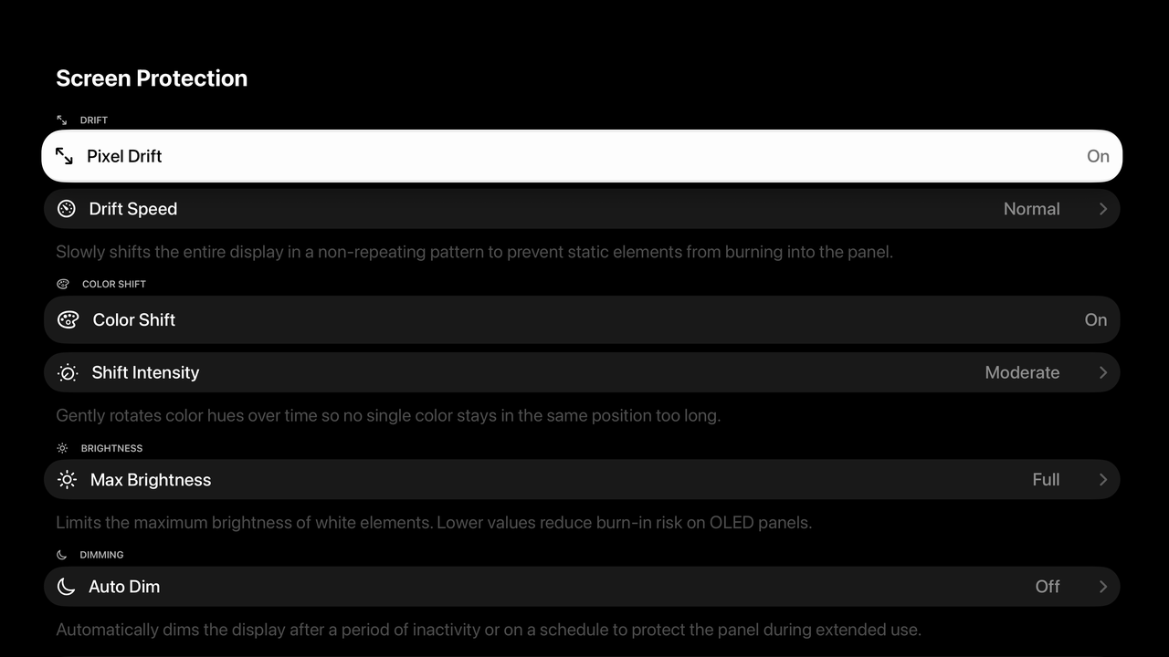 Clockscreen screen protection settings with Pixel Drift, Color Shift, Brightness, and Auto Dim controls